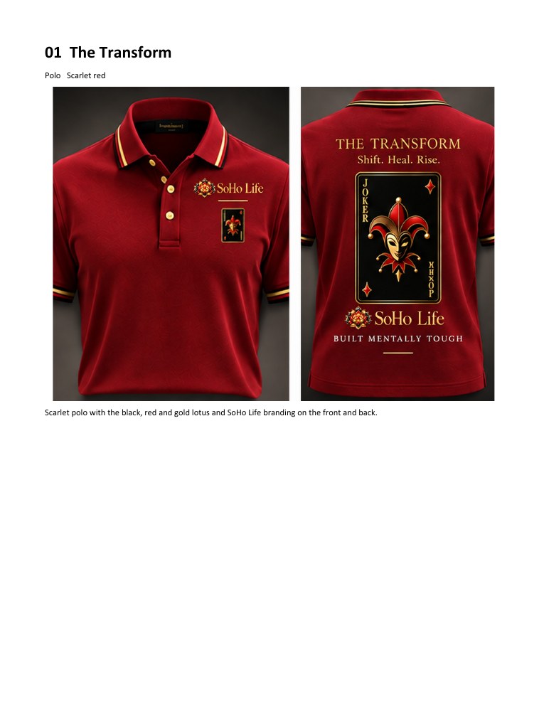 Official approved front and back artwork for The Transform scarlet red polo — catalog mockup