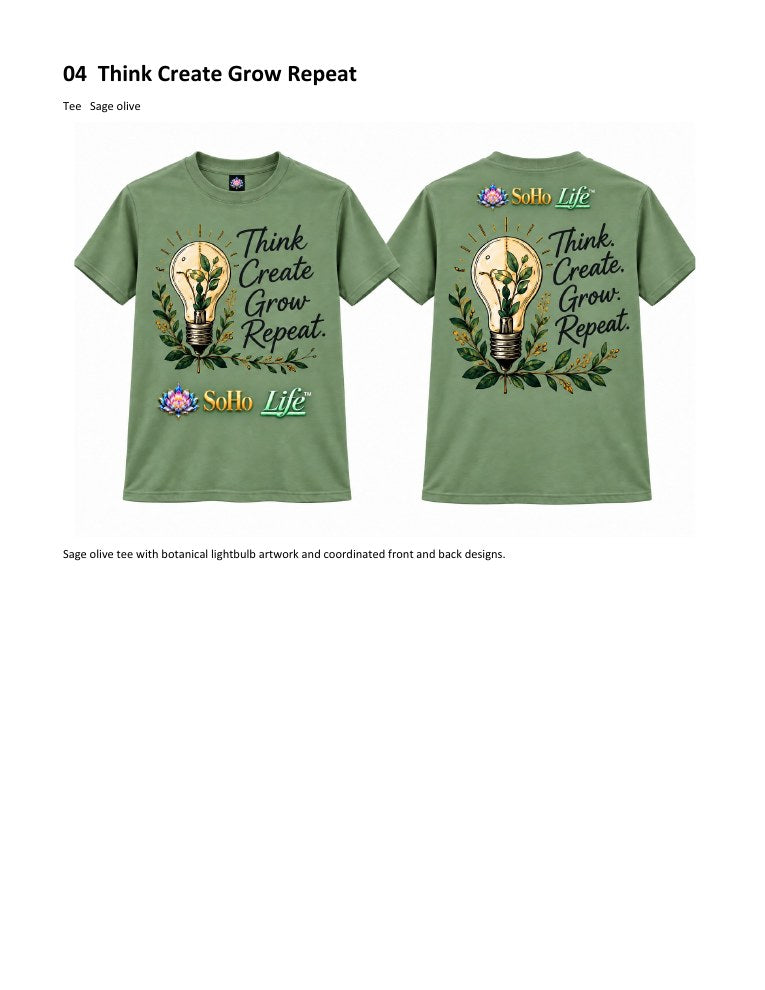 Official approved front and back artwork for the Think Create Grow Repeat sage olive tee — catalog mockup