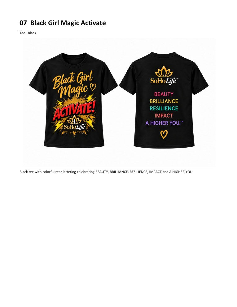 Official approved front and back artwork for the Black Girl Magic Activate black tee — catalog mockup
