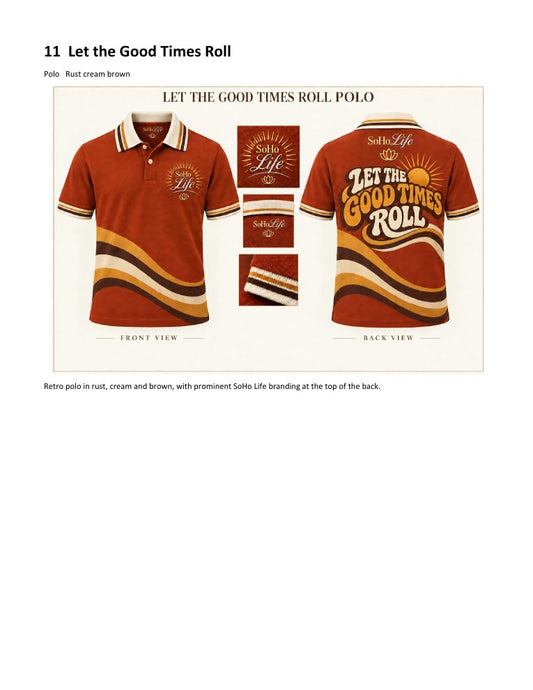 Official approved front and back artwork for the Let the Good Times Roll retro polo — catalog mockup