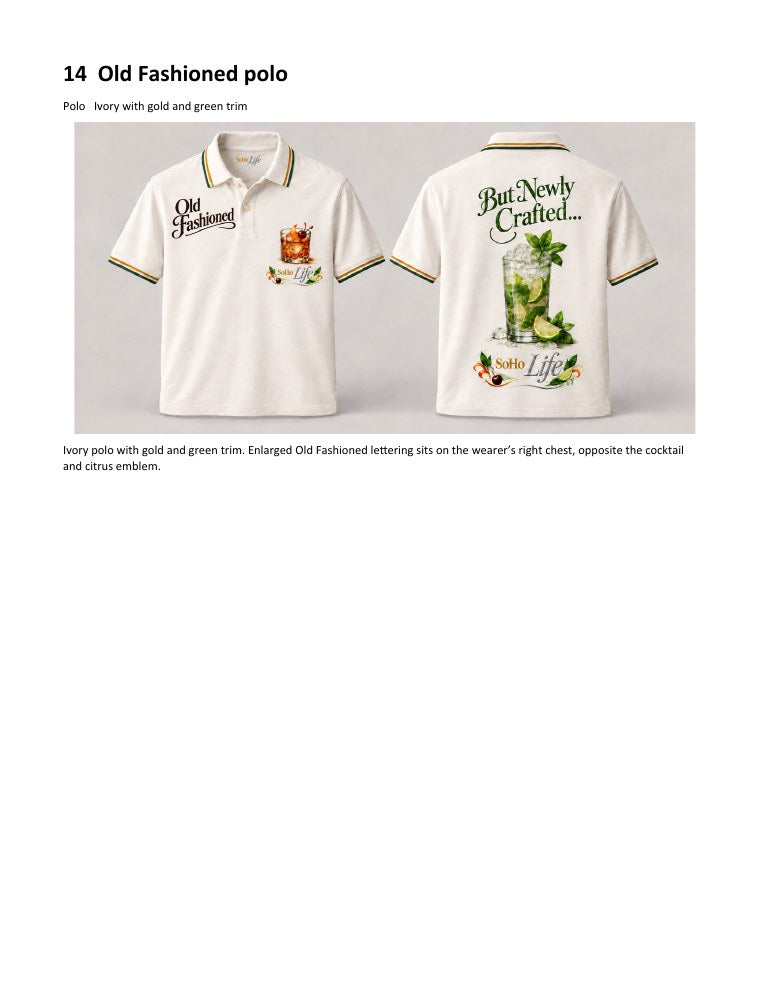 Old Fashioned ivory polo with gold and green trim — approved catalogue mockup
