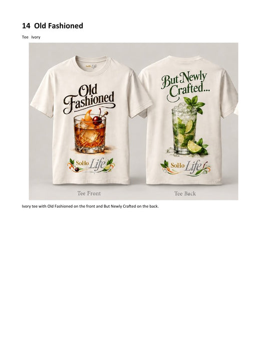 Official approved artwork for the Old Fashioned ivory tee and ivory polo — catalog mockup
